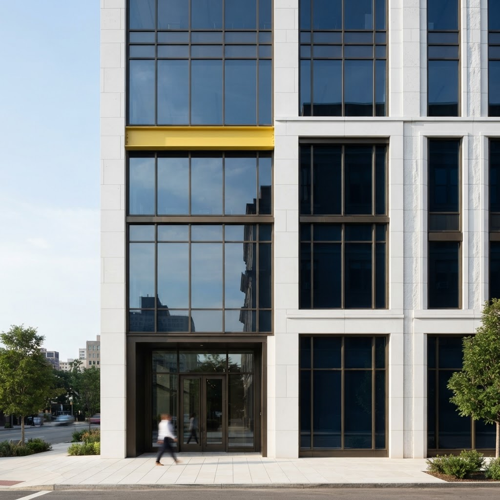 Precise lines of a modern stone and glass building with a yellow structural detail